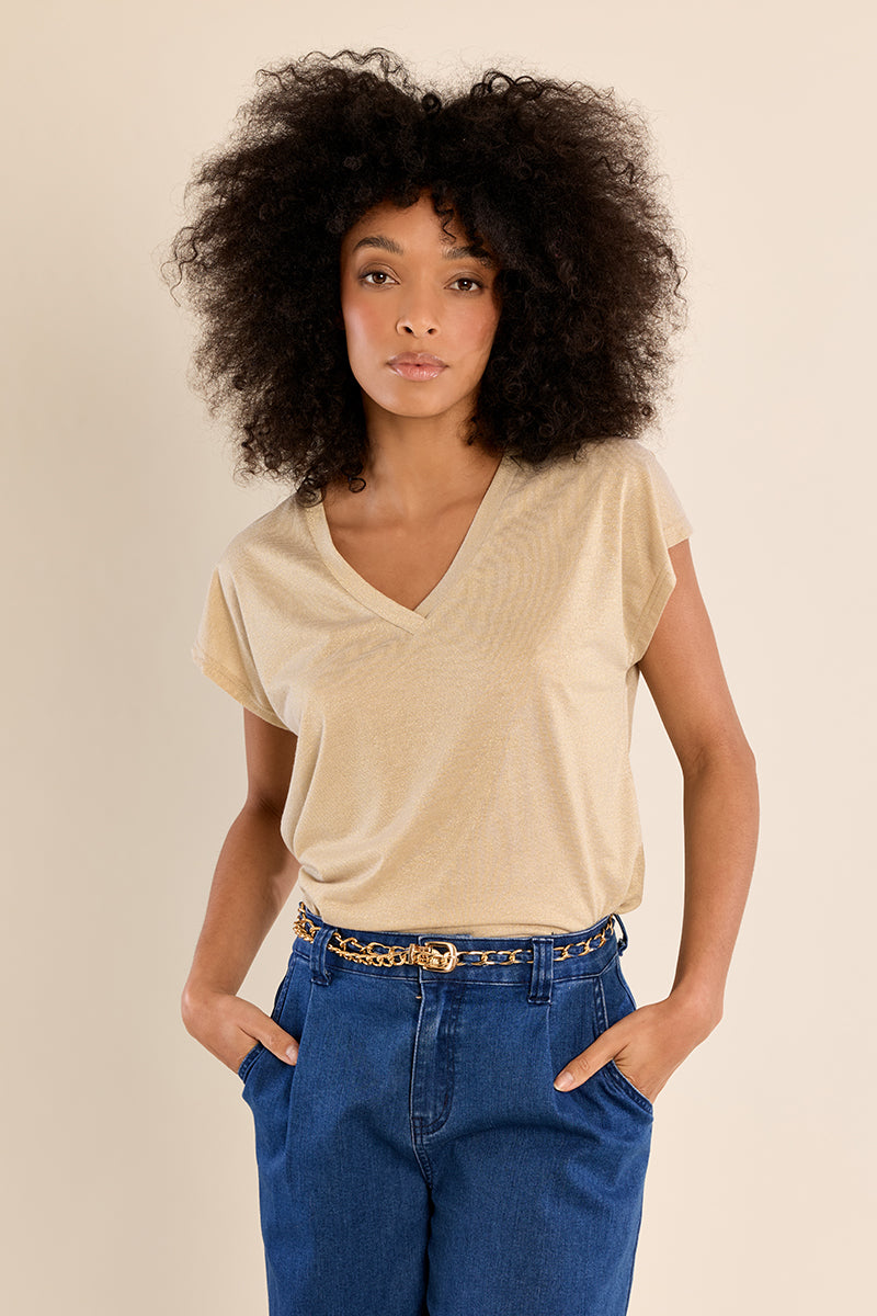 Molly Bracken Shimmer V-Neck Knit Tee in Beige & Silver-T-Shirts-Molly Bracken-Deja Nu Boutique, Women's Fashion Boutique in Lampasas, Texas