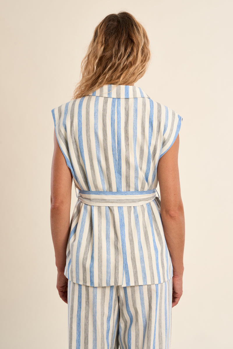 Molly Bracken Blue Striped Linen Blend Sleeveless Blazer Vest-Vest-Molly Bracken-Deja Nu Boutique, Women's Fashion Boutique in Lampasas, Texas