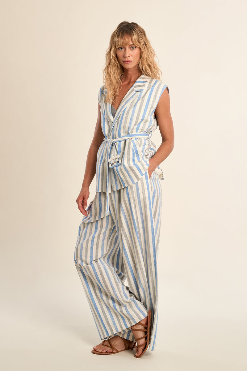 Molly Bracken Blue Striped Linen Blend Sleeveless Blazer Vest-Vest-Molly Bracken-Deja Nu Boutique, Women's Fashion Boutique in Lampasas, Texas