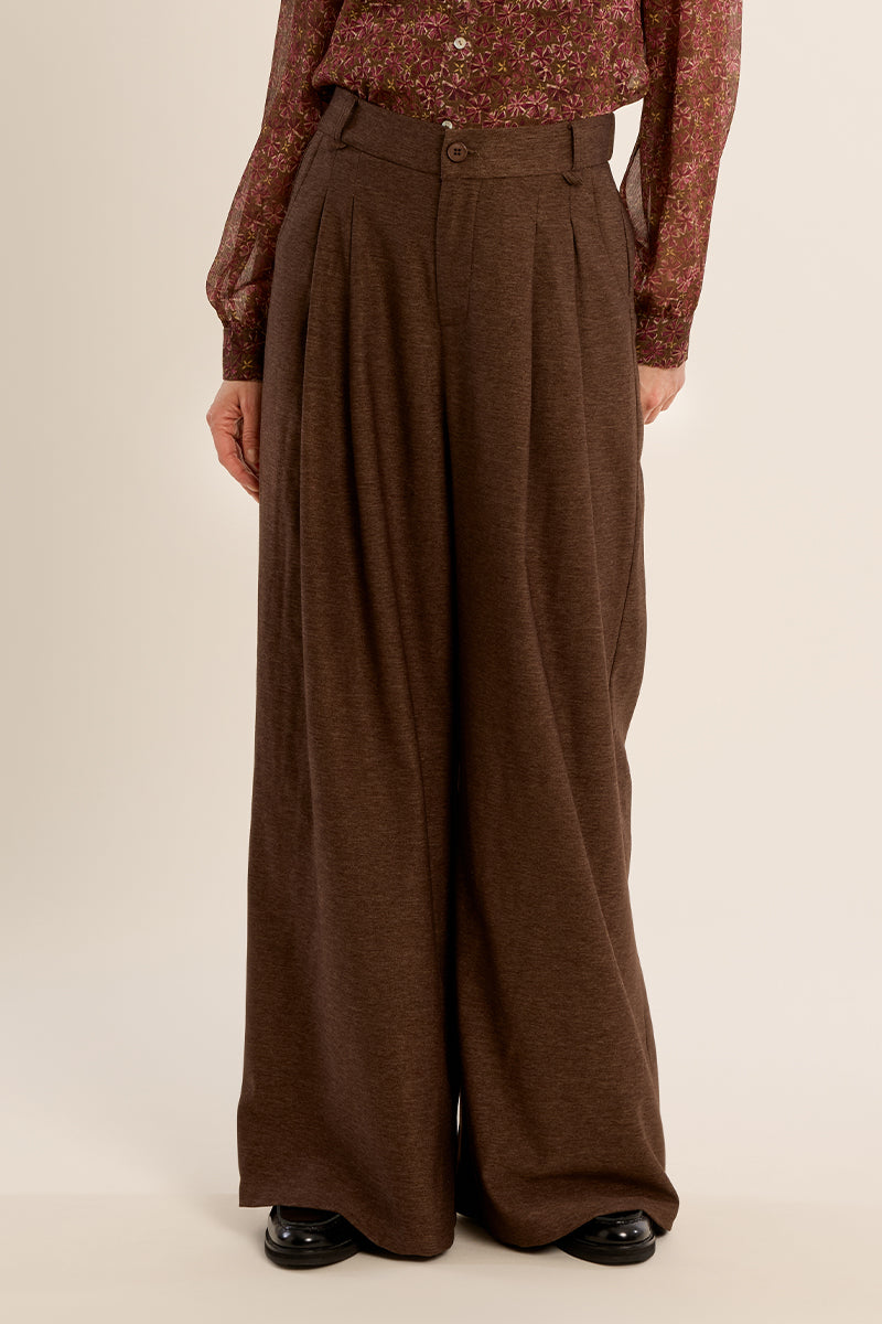 Molly Bracken Chocolate Pleated Wide Leg Trousers – Style TF128EH-Bottoms-Molly Bracken-Deja Nu Boutique, Women's Fashion Boutique in Lampasas, Texas