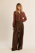 Molly Bracken Chocolate Pleated Wide Leg Trousers – Style TF128EH-Bottoms-Molly Bracken-Deja Nu Boutique, Women's Fashion Boutique in Lampasas, Texas