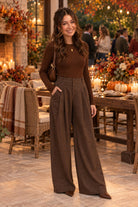 Molly Bracken Chocolate Pleated Wide Leg Trousers – Style TF128EH-Bottoms-Molly Bracken-Deja Nu Boutique, Women's Fashion Boutique in Lampasas, Texas