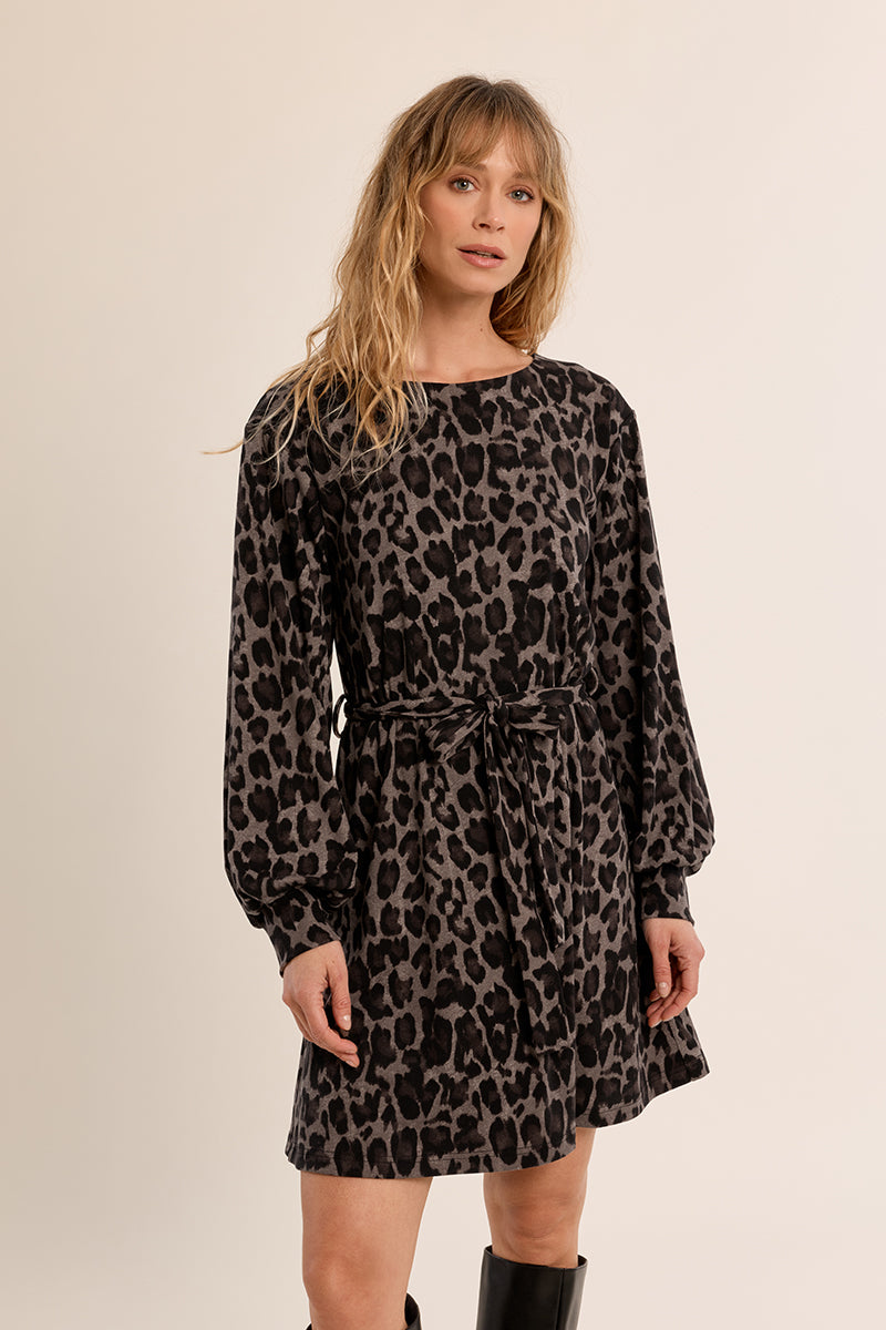 Molly Bracken Dark Grey Leopard Belted Mini Dress-mini dress-Molly Bracken-Deja Nu Boutique, Women's Fashion Boutique in Lampasas, Texas