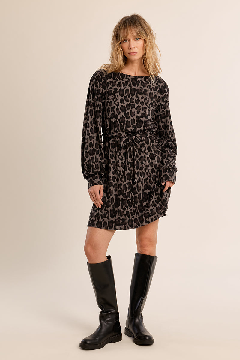 Molly Bracken Dark Grey Leopard Belted Mini Dress-mini dress-Molly Bracken-Deja Nu Boutique, Women's Fashion Boutique in Lampasas, Texas