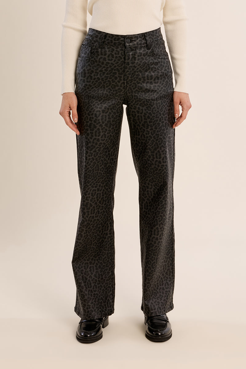 Molly Bracken Grey Leopard Coated Wide Leg Pants – Style E1698BEH-Jeans-Molly Bracken-Deja Nu Boutique, Women's Fashion Boutique in Lampasas, Texas