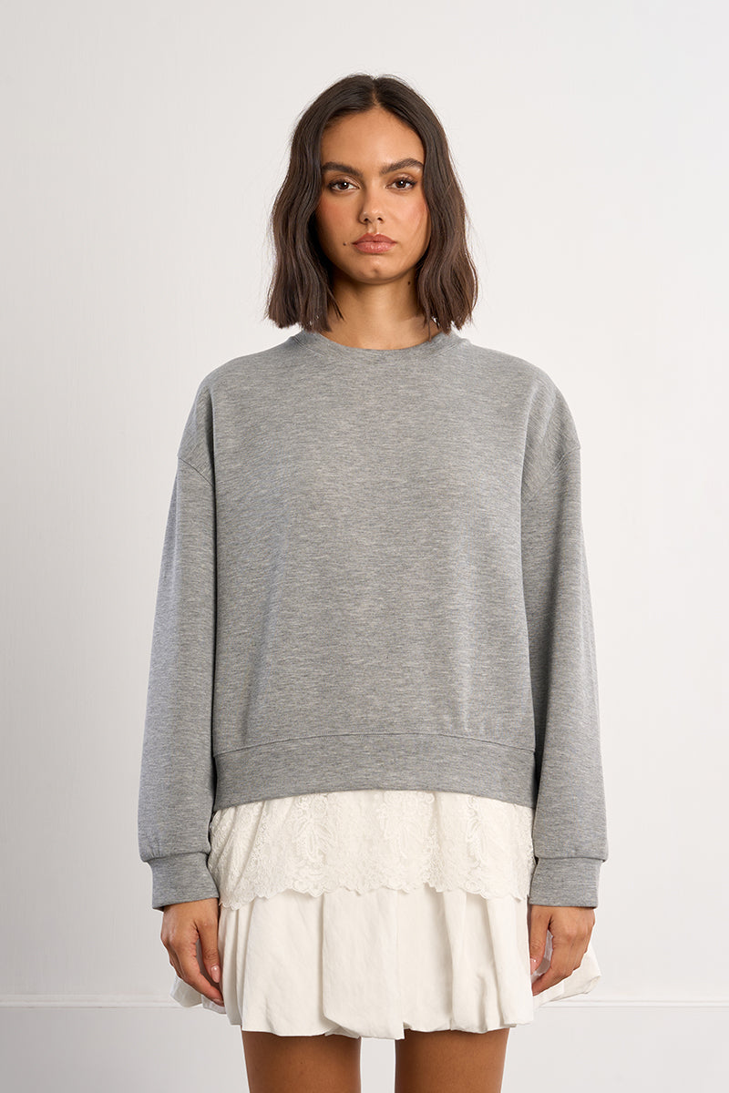 Molly Bracken Lili Sidonio Grey Lace Hem Oversized Sweatshirt-Sweaters-Molly Bracken-Deja Nu Boutique, Women's Fashion Boutique in Lampasas, Texas