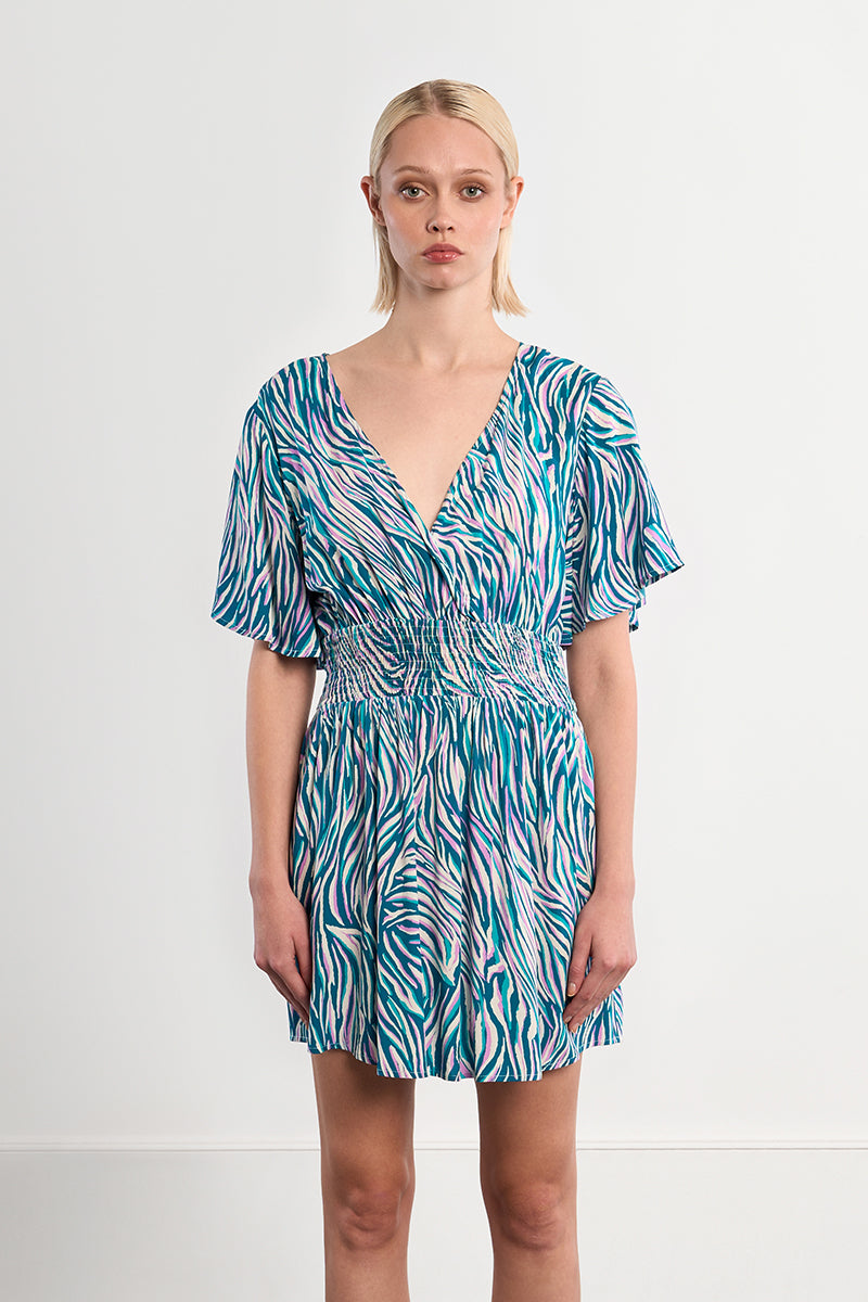 Molly Bracken Lili Sidonio Emerald Zebra Smocked Waist Dress-mini dress-Molly Bracken-Deja Nu Boutique, Women's Fashion Boutique in Lampasas, Texas