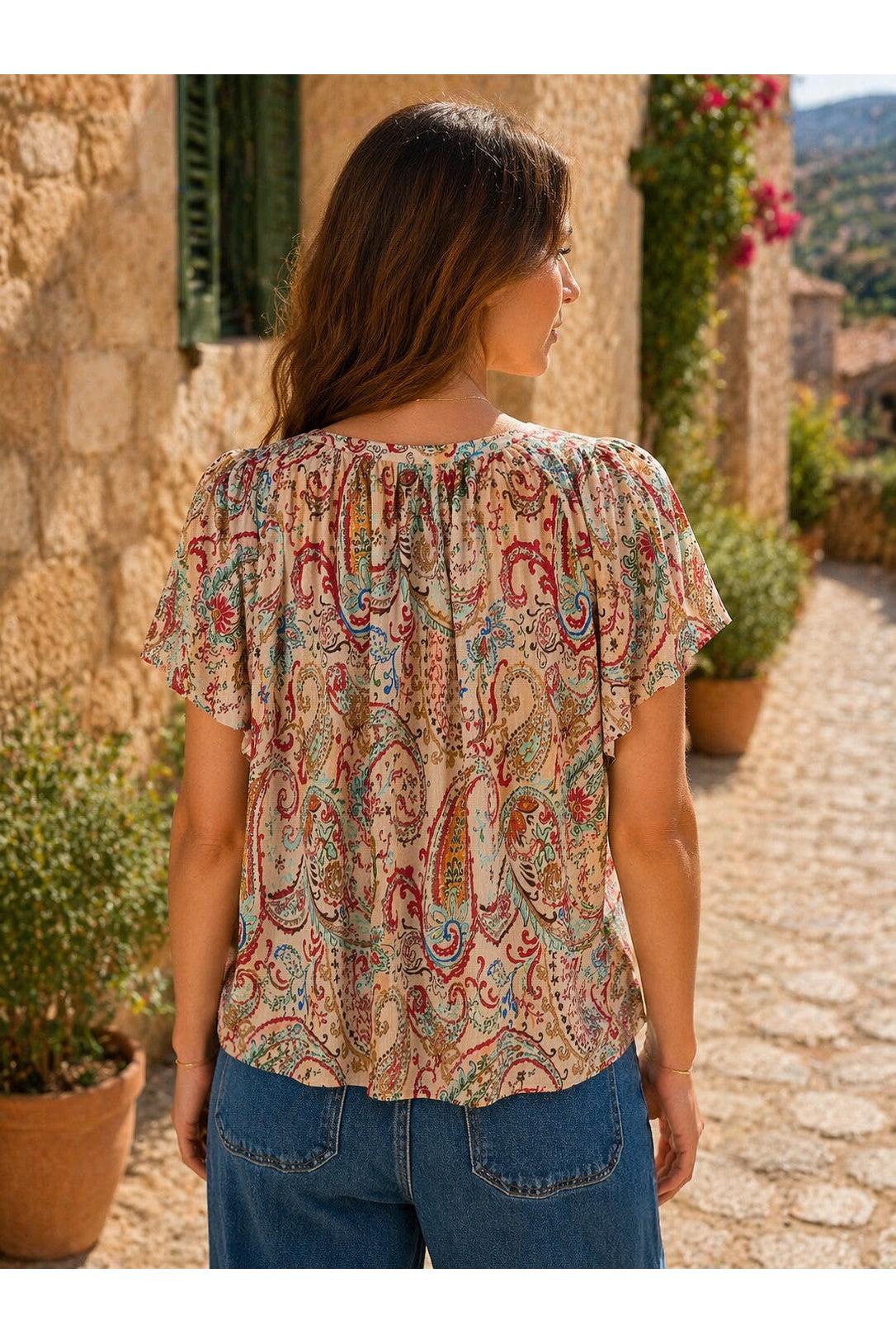 Molly Bracken Off-White Paola Paisley Flutter Sleeve Blouse-Tops-Molly Bracken-Deja Nu Boutique, Women's Fashion Boutique in Lampasas, Texas