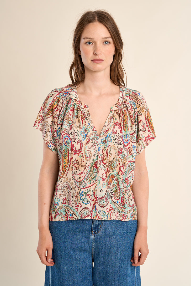 Molly Bracken Off-White Paola Paisley Flutter Sleeve Blouse-Tops-Molly Bracken-Deja Nu Boutique, Women's Fashion Boutique in Lampasas, Texas