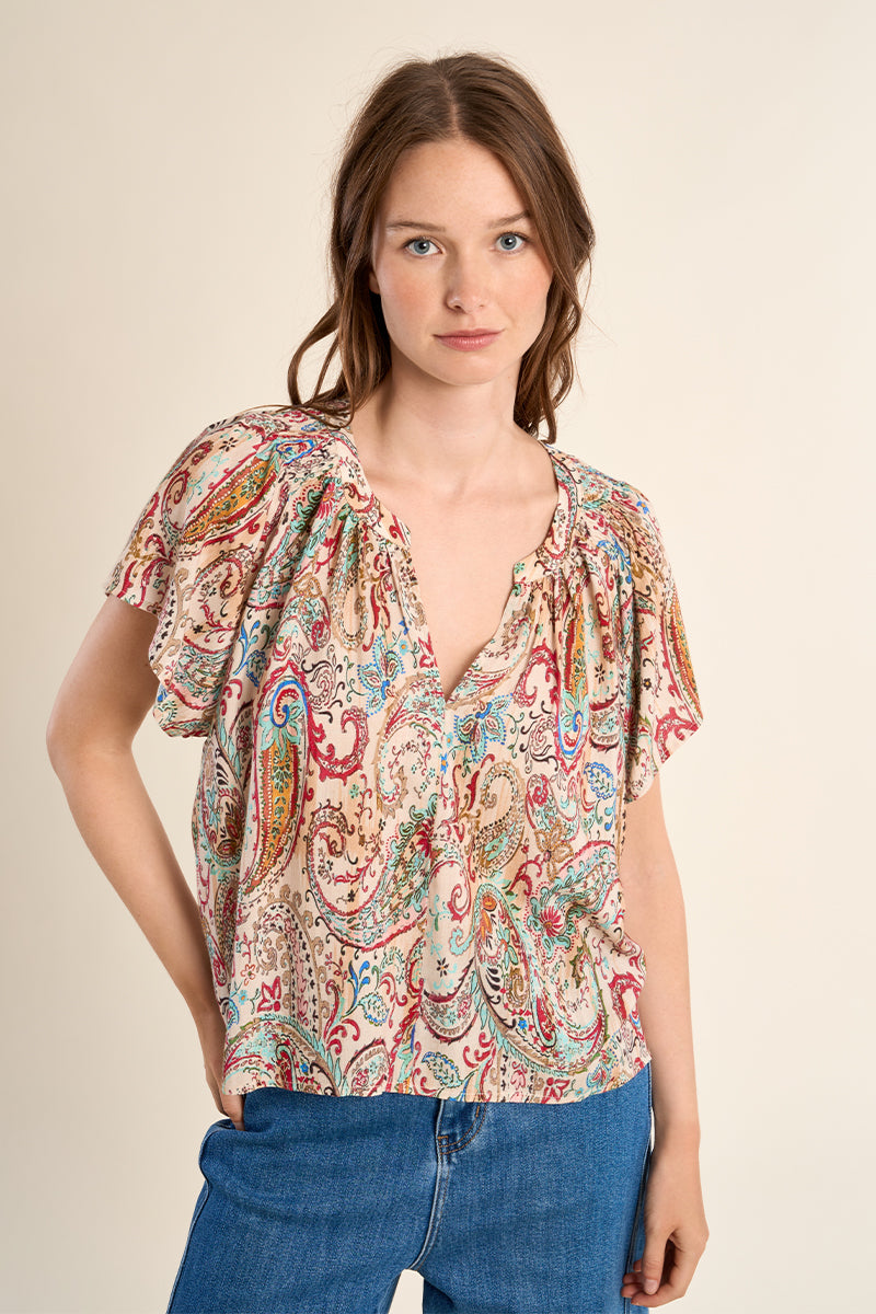 Molly Bracken Off-White Paola Paisley Flutter Sleeve Blouse-Tops-Molly Bracken-Deja Nu Boutique, Women's Fashion Boutique in Lampasas, Texas