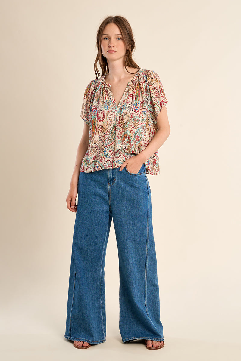 Molly Bracken Off-White Paola Paisley Flutter Sleeve Blouse-Tops-Molly Bracken-Deja Nu Boutique, Women's Fashion Boutique in Lampasas, Texas