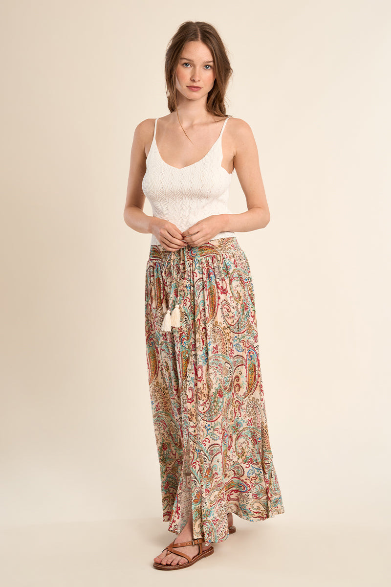 Molly Bracken Off-White Paola Paisley Smocked Maxi Skirt-Skirts-Molly Bracken-Deja Nu Boutique, Women's Fashion Boutique in Lampasas, Texas