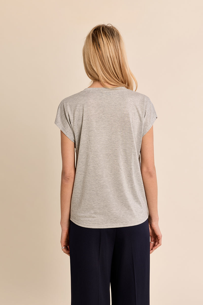 Molly Bracken Shimmer V-Neck Knit Tee in Beige & Silver-T-Shirts-Molly Bracken-Deja Nu Boutique, Women's Fashion Boutique in Lampasas, Texas