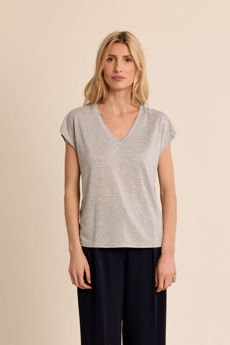 Molly Bracken Shimmer V-Neck Knit Tee in Beige & Silver-T-Shirts-Molly Bracken-Deja Nu Boutique, Women's Fashion Boutique in Lampasas, Texas