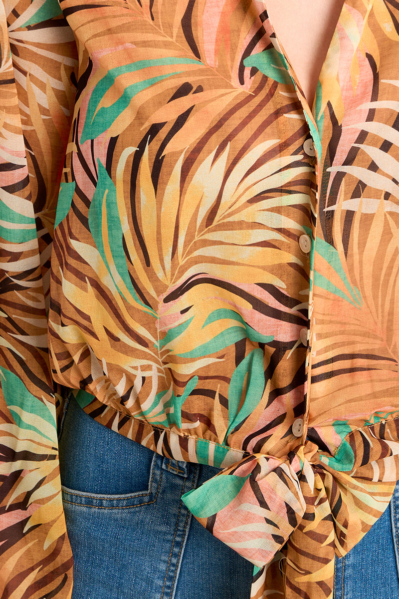 Molly Bracken Yellow Claudia Tropical Print Tie Waist Shirt-shirts-Molly Bracken-Deja Nu Boutique, Women's Fashion Boutique in Lampasas, Texas