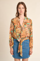 Molly Bracken Yellow Claudia Tropical Print Tie Waist Shirt-shirts-Molly Bracken-Deja Nu Boutique, Women's Fashion Boutique in Lampasas, Texas