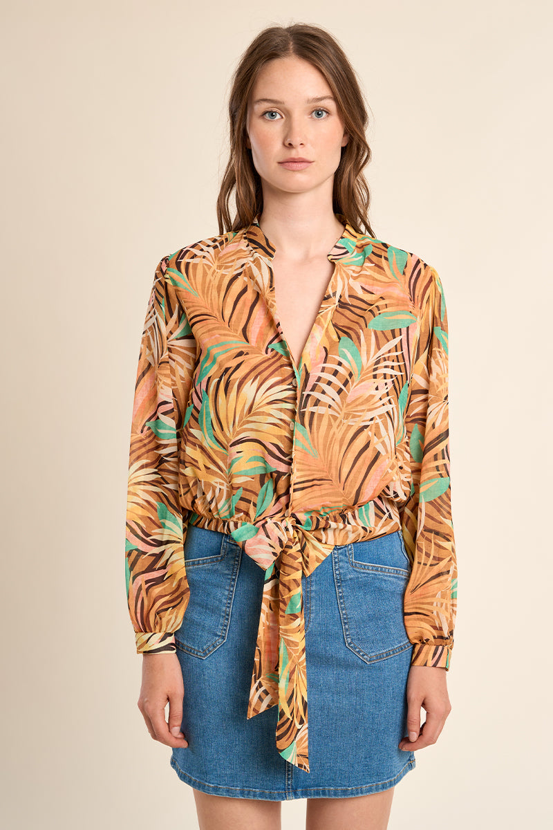 Molly Bracken Yellow Claudia Tropical Print Tie Waist Shirt-shirts-Molly Bracken-Deja Nu Boutique, Women's Fashion Boutique in Lampasas, Texas