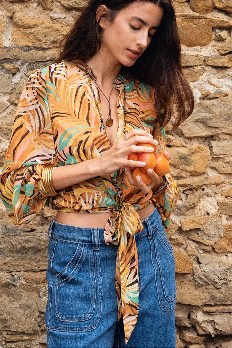 Molly Bracken Yellow Claudia Tropical Print Tie Waist Shirt-shirts-Molly Bracken-Deja Nu Boutique, Women's Fashion Boutique in Lampasas, Texas