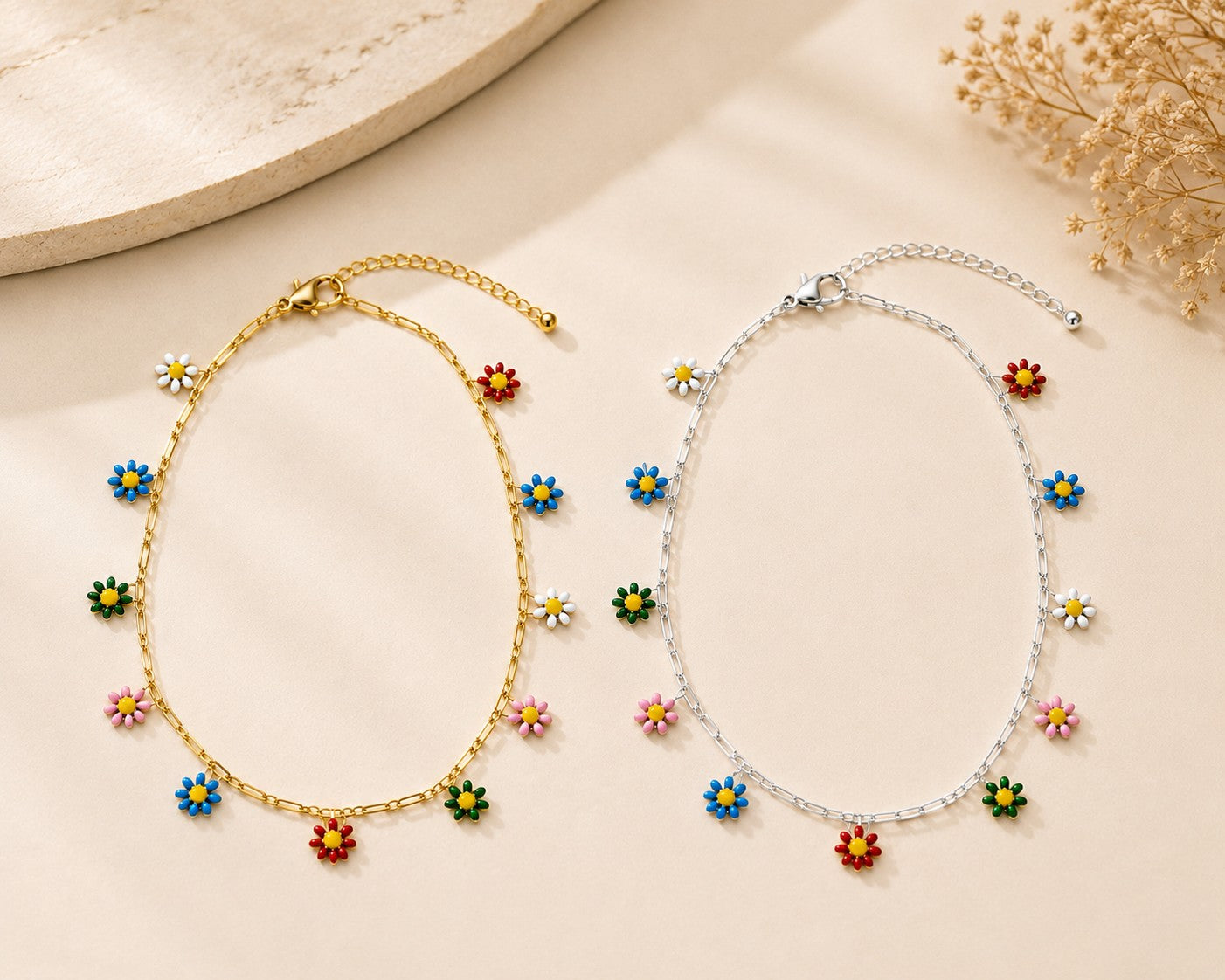 Multicolor Daisy Charm Anklet – Gold or Silver-Anklets-Deja Nu-Deja Nu Boutique, Women's Fashion Boutique in Lampasas, Texas