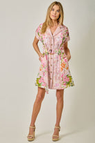 Mystree Tropical Floral Print Belted Shirt Dress in Rose Mix-mini dress-Mystree-Deja Nu Boutique, Women's Fashion Boutique in Lampasas, Texas