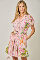Mystree Tropical Floral Print Belted Shirt Dress in Rose Mix-mini dress-Mystree-Deja Nu Boutique, Women's Fashion Boutique in Lampasas, Texas
