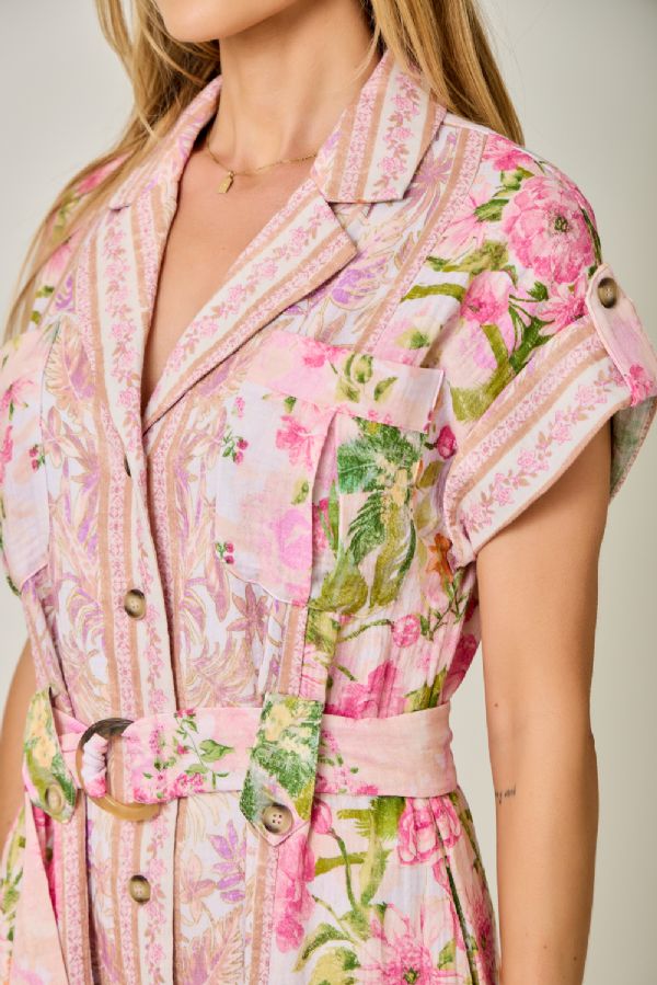 Mystree Tropical Floral Print Belted Shirt Dress in Rose Mix-mini dress-Mystree-Deja Nu Boutique, Women's Fashion Boutique in Lampasas, Texas