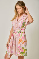 Mystree Tropical Floral Print Belted Shirt Dress in Rose Mix-mini dress-Mystree-Deja Nu Boutique, Women's Fashion Boutique in Lampasas, Texas