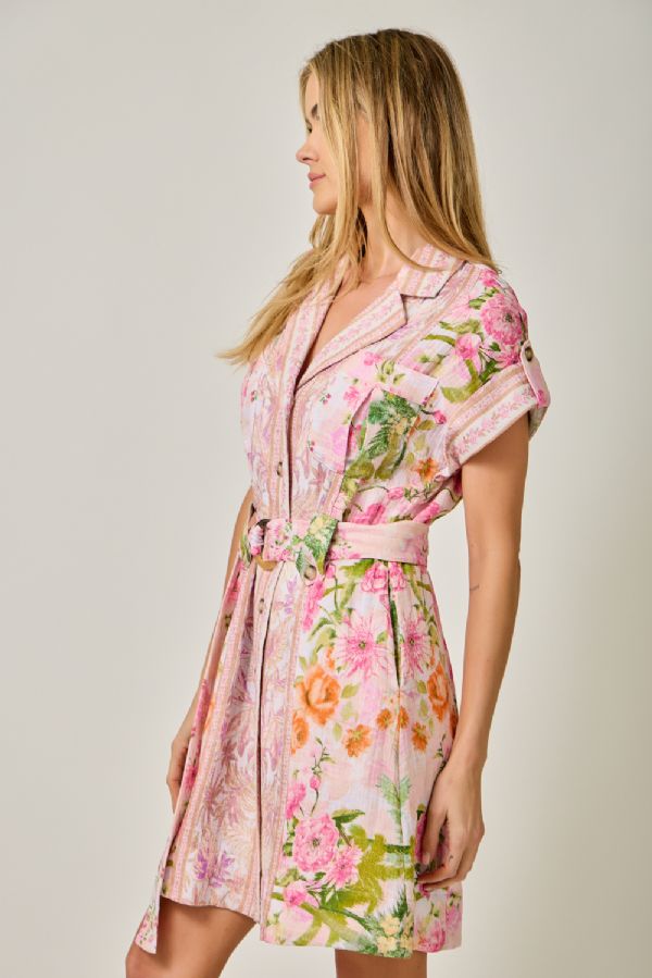 Mystree Tropical Floral Print Belted Shirt Dress in Rose Mix-mini dress-Mystree-Deja Nu Boutique, Women's Fashion Boutique in Lampasas, Texas