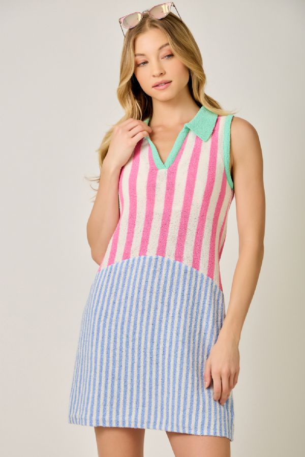 Mystree Mixed Stripe Color Block Dress in Pink and Blue-mini dress-Mystree-Deja Nu Boutique, Women's Fashion Boutique in Lampasas, Texas