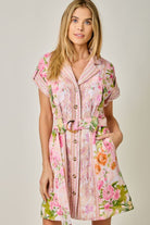 Mystree Tropical Floral Print Belted Shirt Dress in Rose Mix-mini dress-Mystree-Deja Nu Boutique, Women's Fashion Boutique in Lampasas, Texas