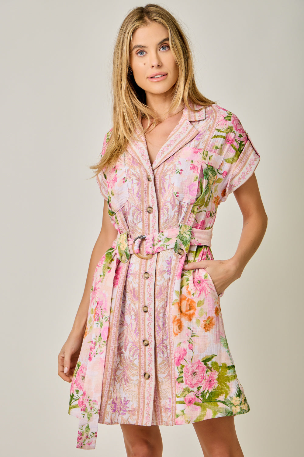 Mystree Tropical Floral Print Belted Shirt Dress in Rose Mix-mini dress-Mystree-Deja Nu Boutique, Women's Fashion Boutique in Lampasas, Texas
