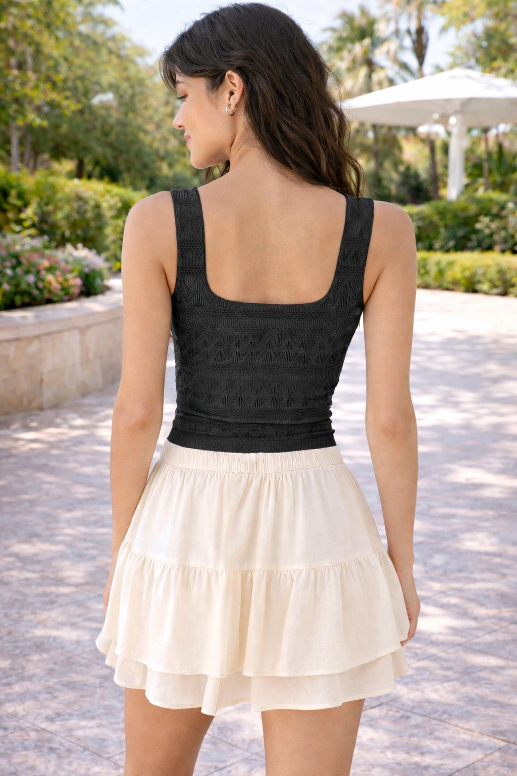 NIKIBIKI Black Lace Textured Seamless Square Neck Tank Top with Built-In Bra-Camis/Tanks-NIKIBIKI-Deja Nu Boutique, Women's Fashion Boutique in Lampasas, Texas