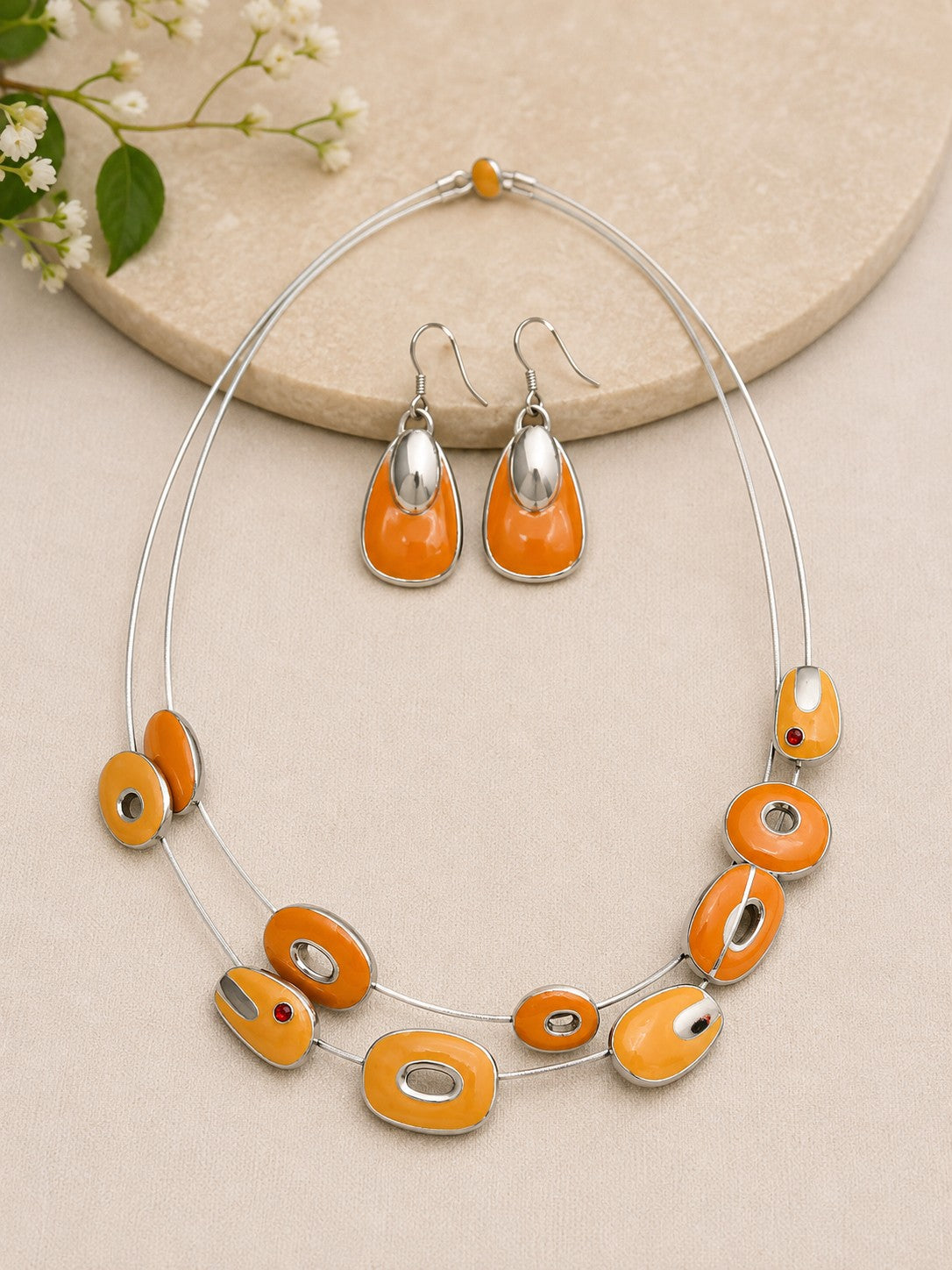 Orange Enamel Double-Strand Necklace & Earring Set-Necklace Set-Deja Nu-Deja Nu Boutique, Women's Fashion Boutique in Lampasas, Texas