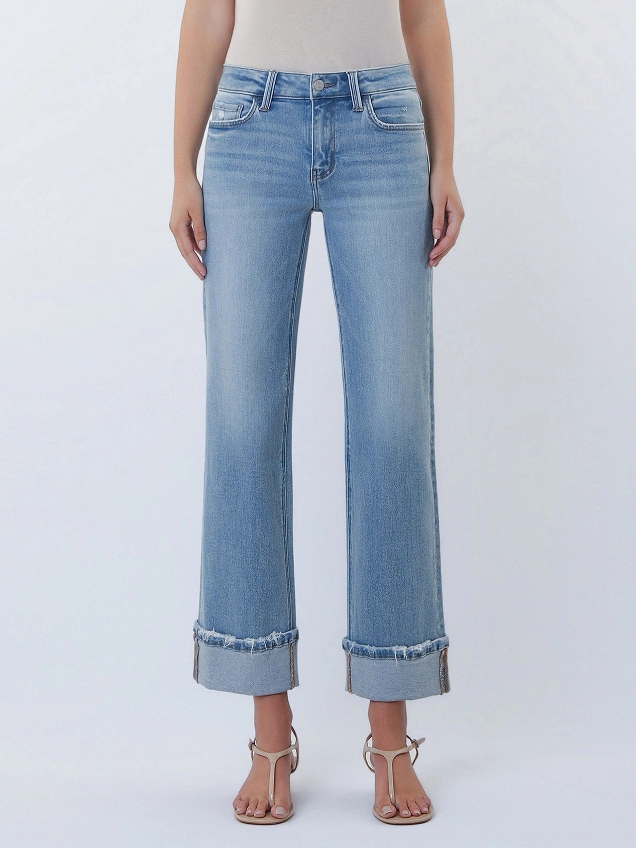Lovervet by Vervet Mid Rise Medium Light Wash Cuffed Slim Wide Leg Jeans-Jeans-Lovervet by Vervet-Deja Nu Boutique, Women's Fashion Boutique in Lampasas, Texas