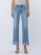 Lovervet by Vervet Mid Rise Medium Light Wash Cuffed Slim Wide Leg Jeans-Jeans-Lovervet by Vervet-Deja Nu Boutique, Women's Fashion Boutique in Lampasas, Texas