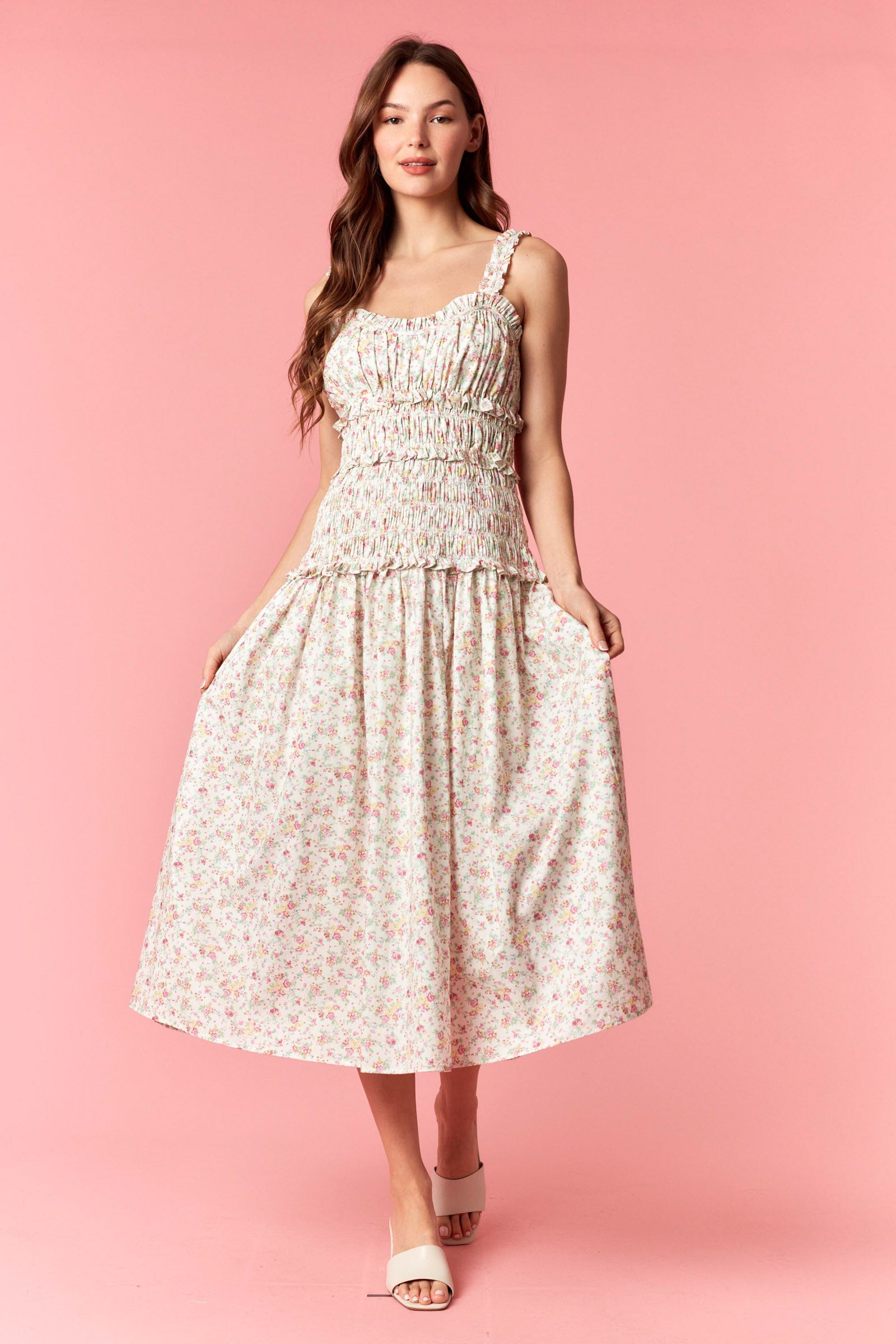 Peach Love Floral Shirred Ruffle Maxi Dress – Off White Pink-Maxi Dresses-Peach Love-Deja Nu Boutique, Women's Fashion Boutique in Lampasas, Texas