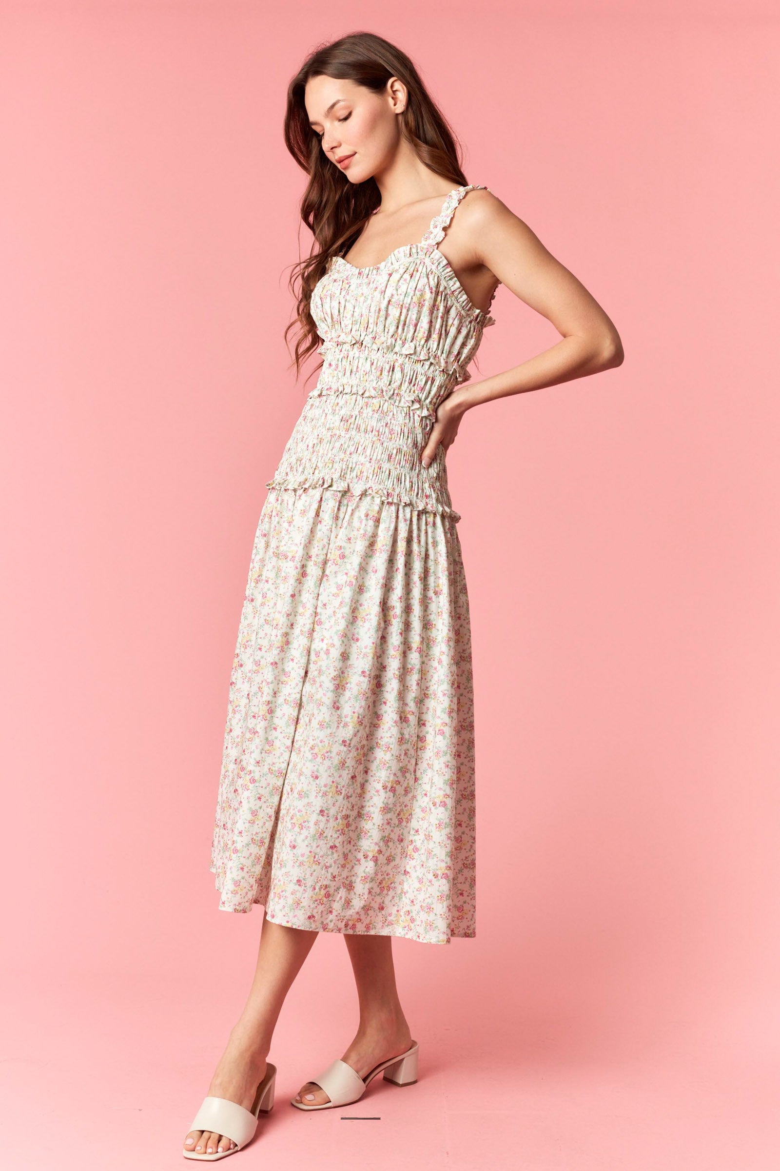 Peach Love Floral Shirred Ruffle Maxi Dress – Off White Pink-Maxi Dresses-Peach Love-Deja Nu Boutique, Women's Fashion Boutique in Lampasas, Texas