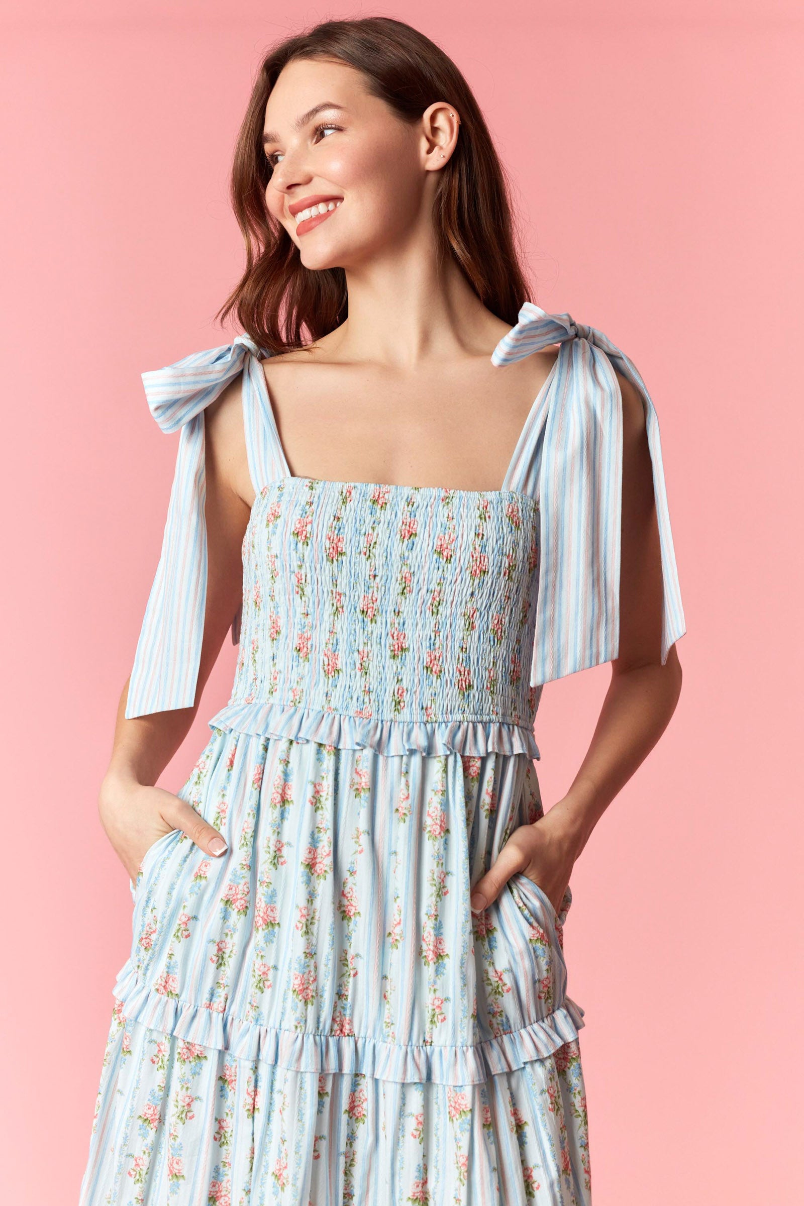 Peach Love Stripe & Floral Bow Tie Tiered Maxi Dress – Light Blue Multi-Maxi Dresses-Peach Love-Deja Nu Boutique, Women's Fashion Boutique in Lampasas, Texas