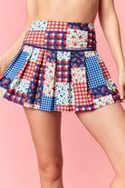 Peach Love Patchwork Americana Pleated Active Skort – Red Blue Floral Gingham-skort-Peach Love-Deja Nu Boutique, Women's Fashion Boutique in Lampasas, Texas