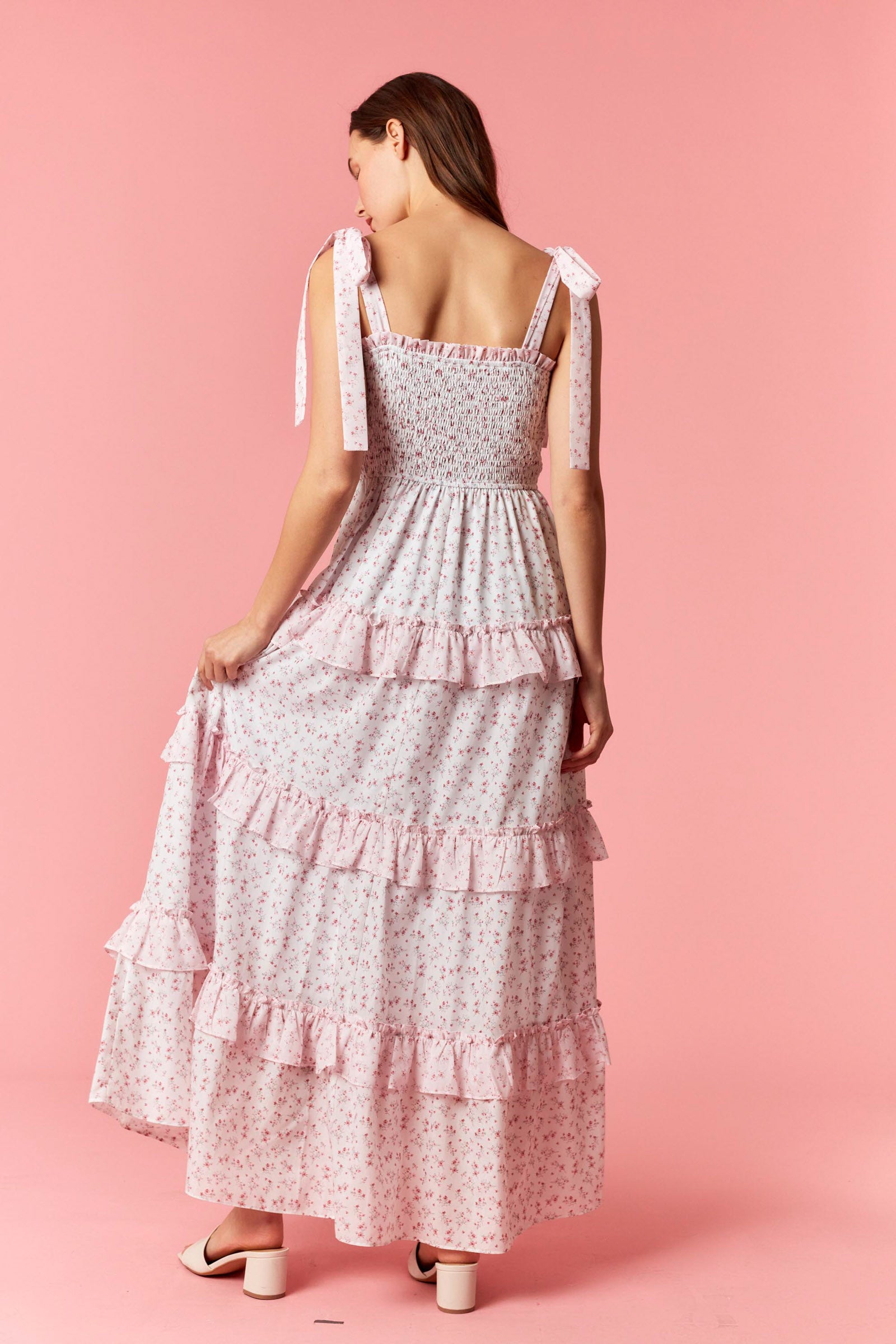 Peach Love Ditsy Floral Smocked Tiered Pink Maxi Dress-Maxi Dresses-Peach Love-Deja Nu Boutique, Women's Fashion Boutique in Lampasas, Texas