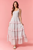 Peach Love Ditsy Floral Smocked Tiered Pink Maxi Dress-Maxi Dresses-Peach Love-Deja Nu Boutique, Women's Fashion Boutique in Lampasas, Texas