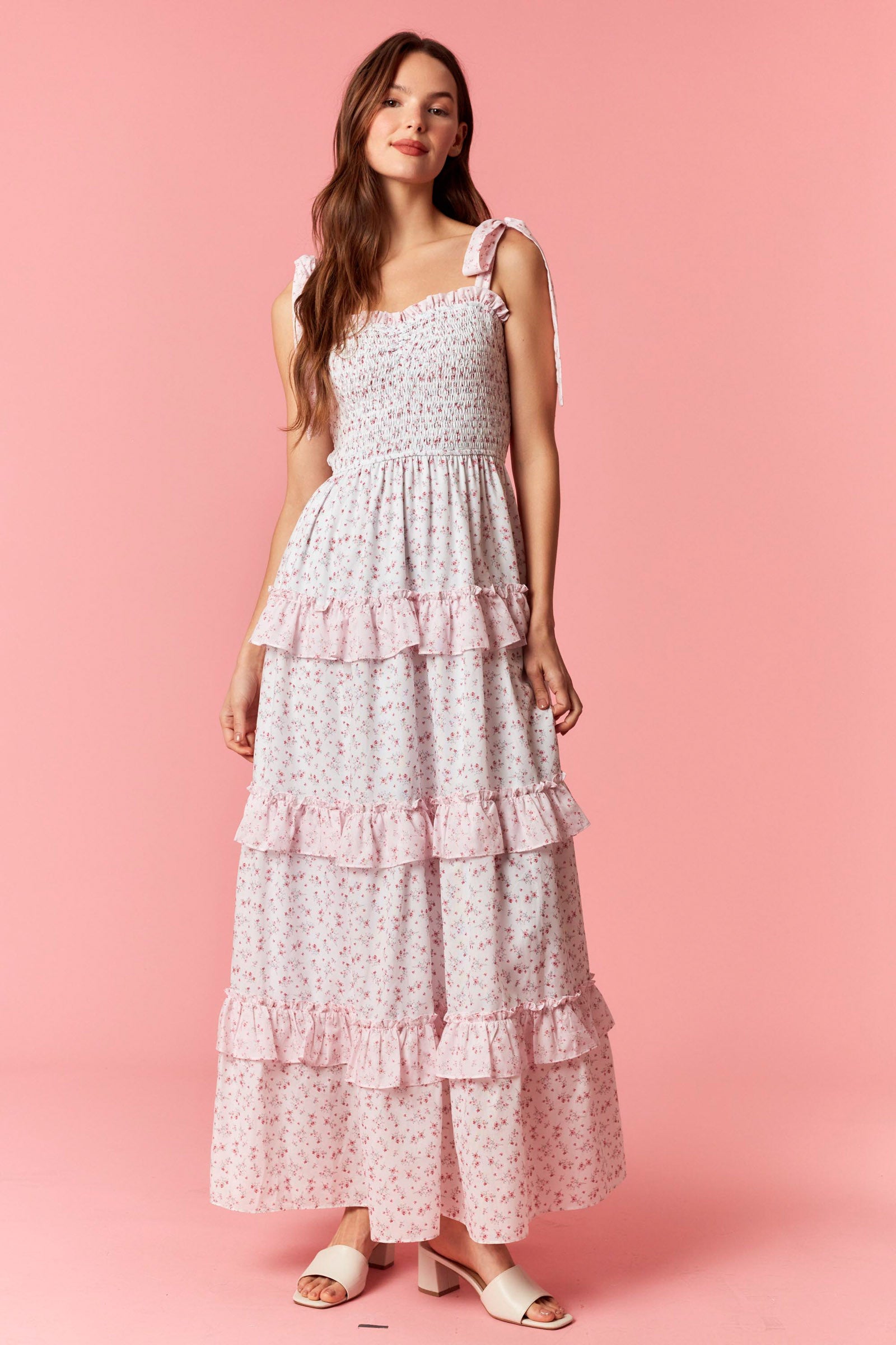 Peach Love Ditsy Floral Smocked Tiered Pink Maxi Dress-Maxi Dresses-Peach Love-Deja Nu Boutique, Women's Fashion Boutique in Lampasas, Texas