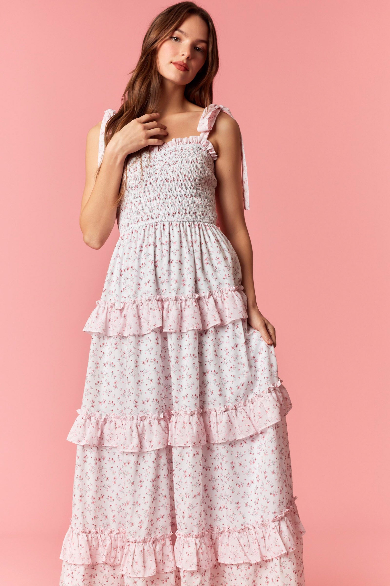 Peach Love Ditsy Floral Smocked Tiered Pink Maxi Dress-Maxi Dresses-Peach Love-Deja Nu Boutique, Women's Fashion Boutique in Lampasas, Texas
