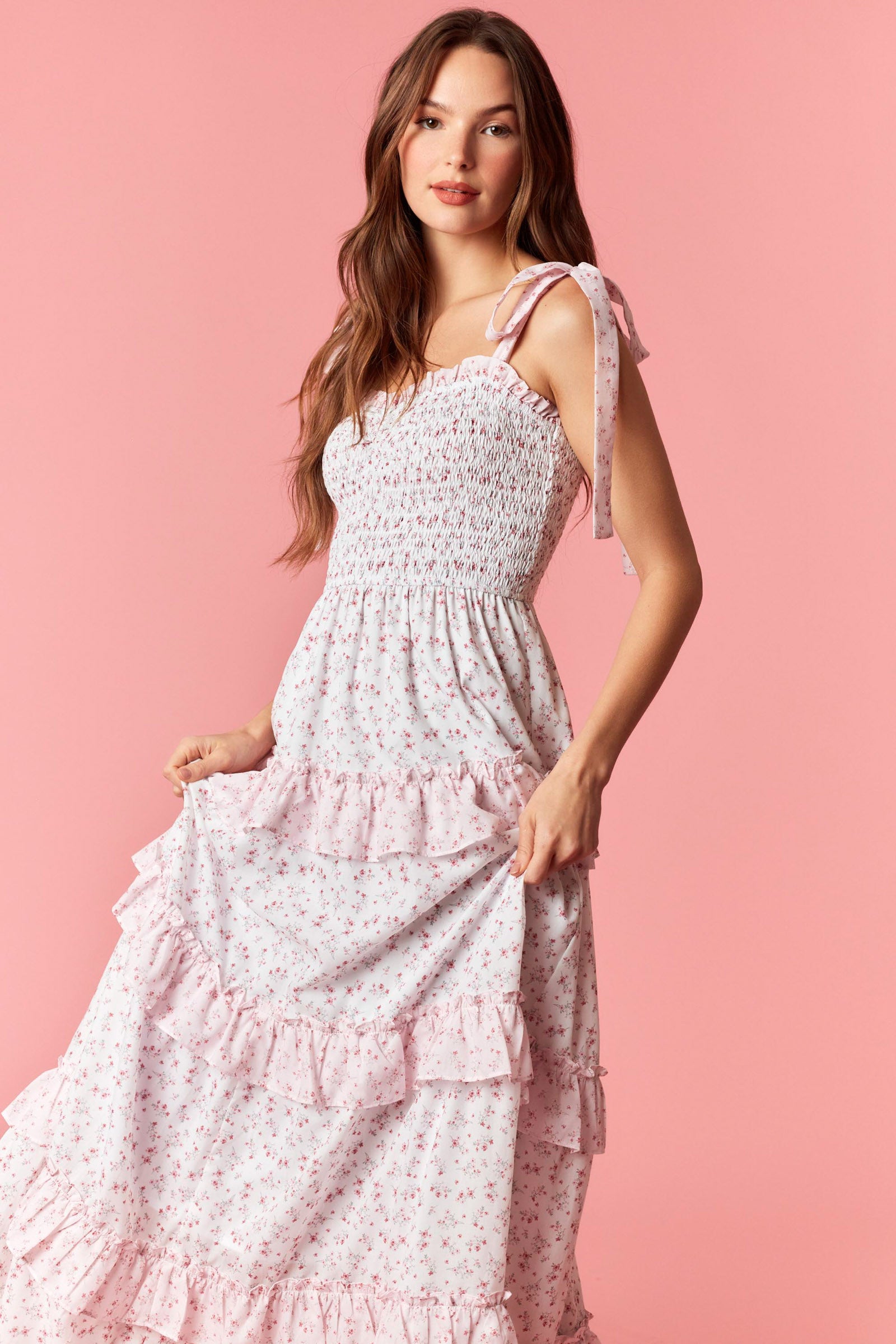 Peach Love Ditsy Floral Smocked Tiered Pink Maxi Dress-Maxi Dresses-Peach Love-Deja Nu Boutique, Women's Fashion Boutique in Lampasas, Texas
