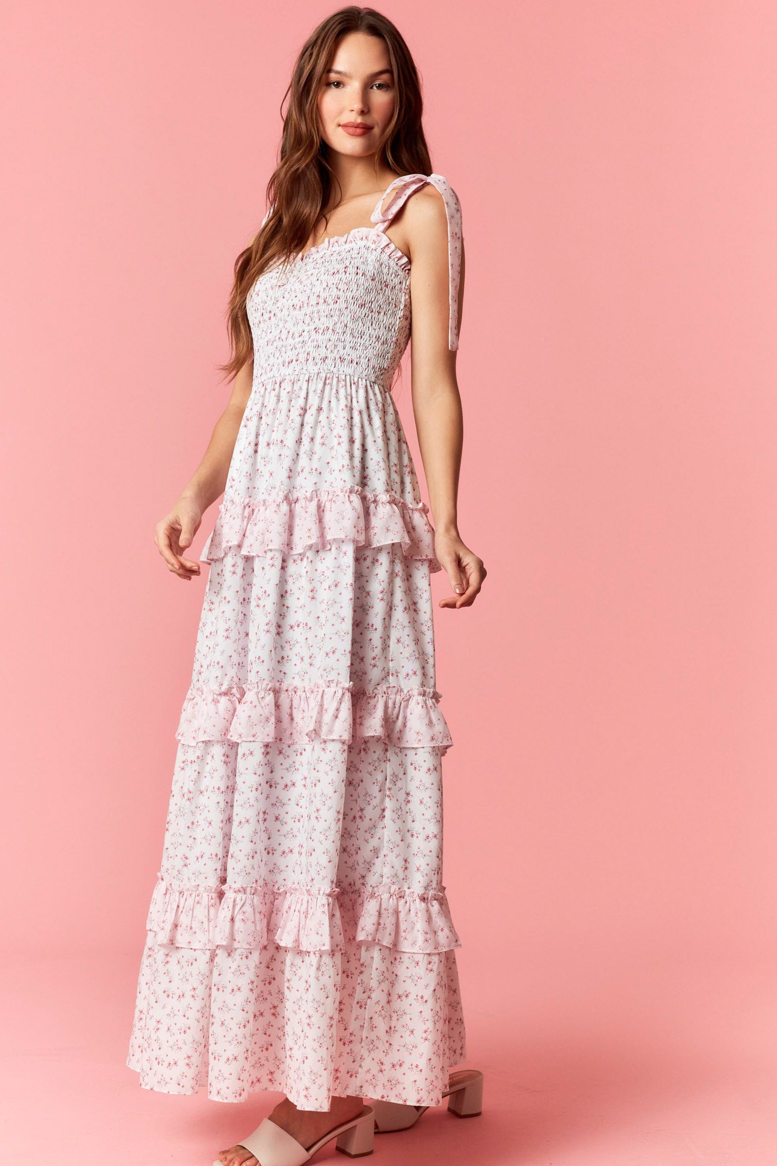 Peach Love Ditsy Floral Smocked Tiered Pink Maxi Dress-Maxi Dresses-Peach Love-Deja Nu Boutique, Women's Fashion Boutique in Lampasas, Texas