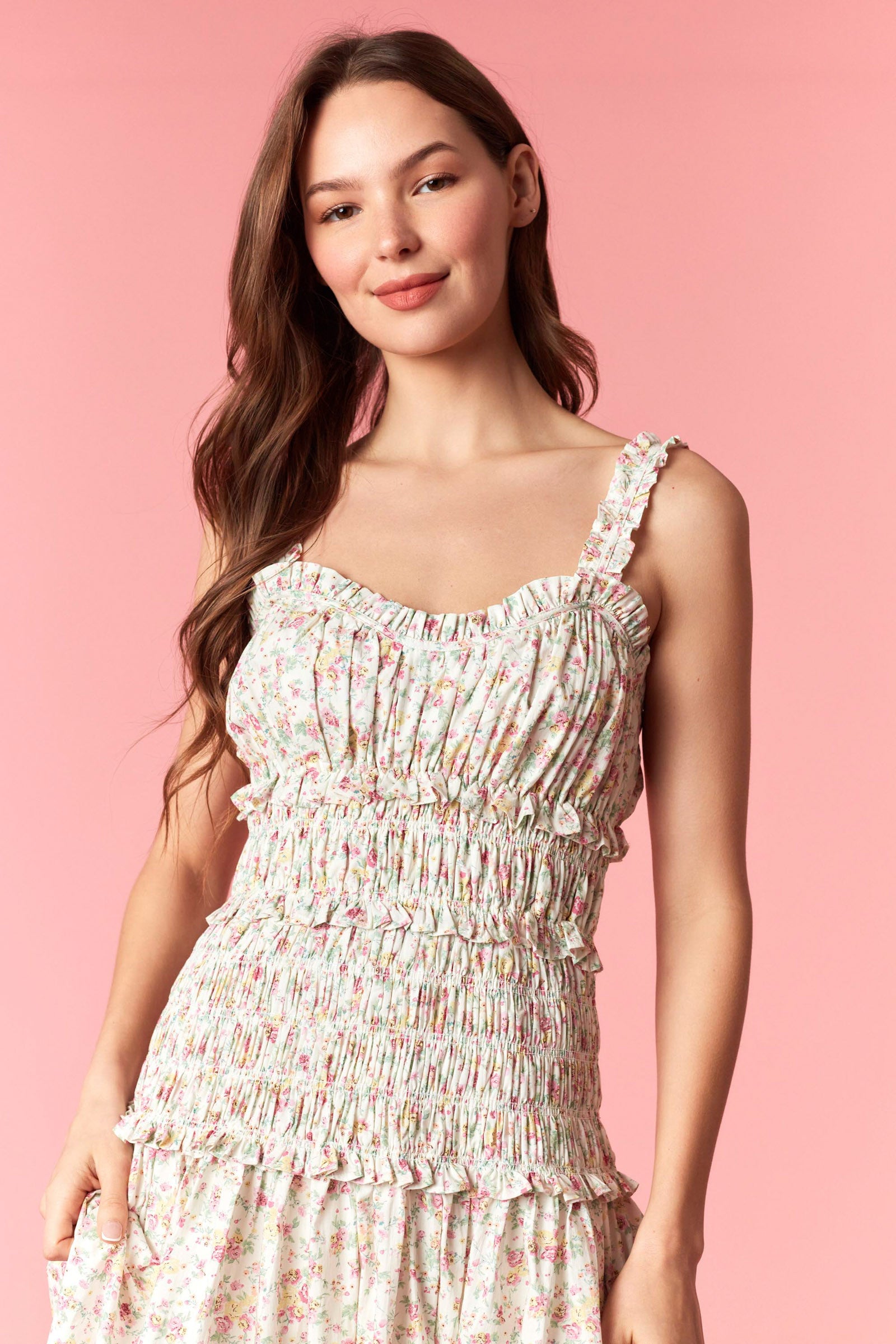 Peach Love Floral Shirred Ruffle Maxi Dress – Off White Pink-Maxi Dresses-Peach Love-Deja Nu Boutique, Women's Fashion Boutique in Lampasas, Texas