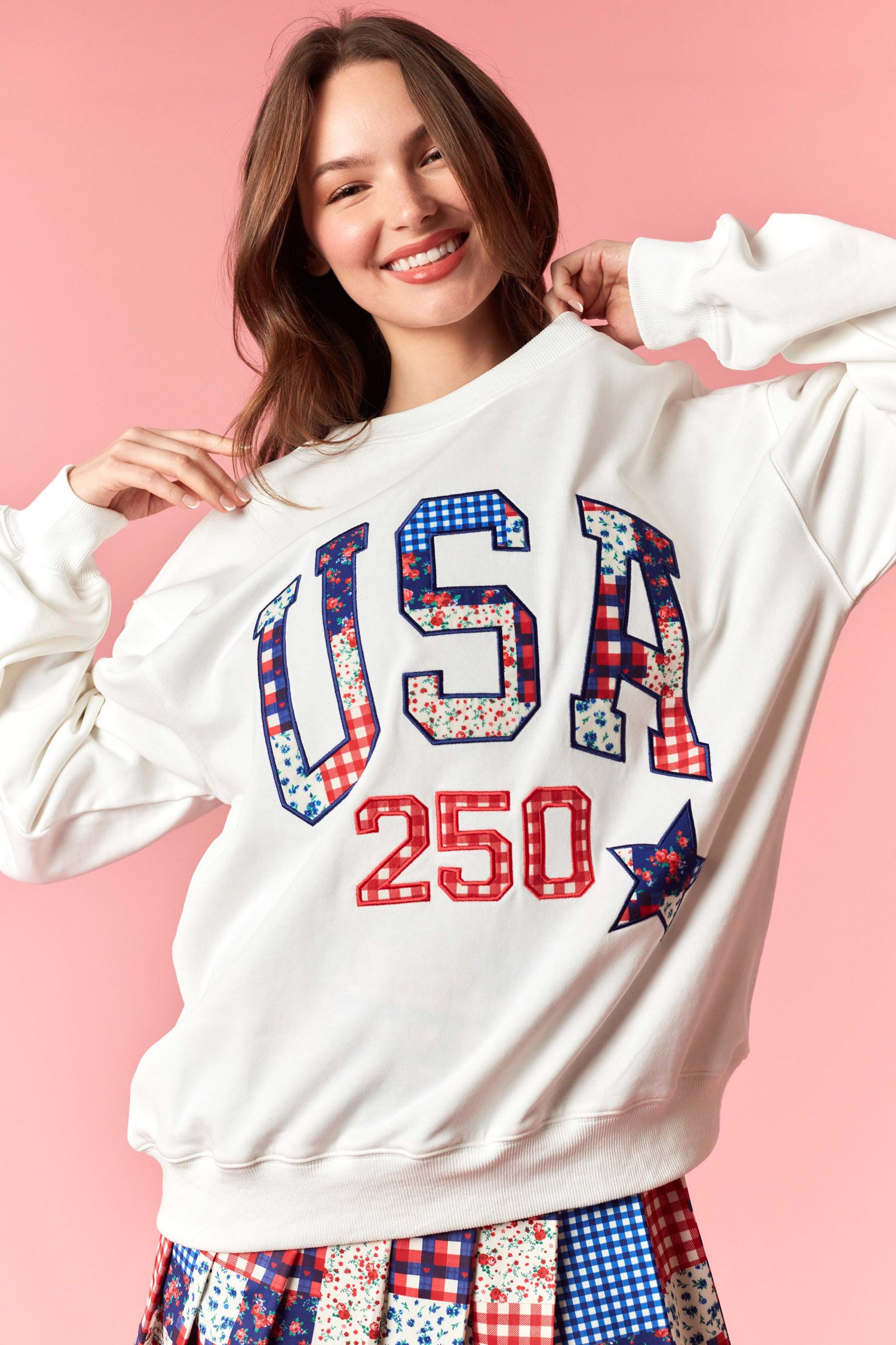 Peach Love USA 250 Patchwork Star French Terry Sweatshirt – Americana 2026-sweatshirt-Peach Love-Deja Nu Boutique, Women's Fashion Boutique in Lampasas, Texas