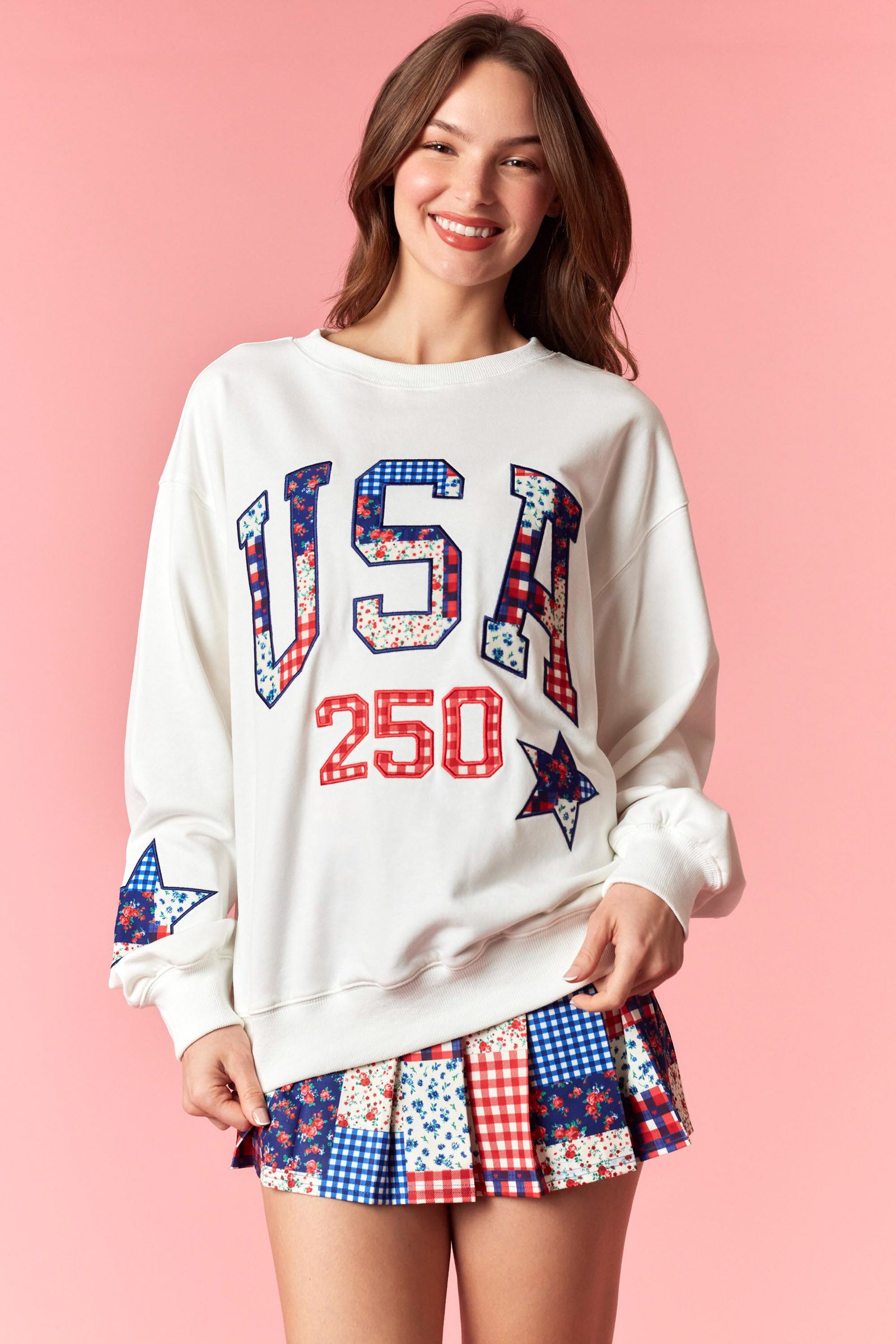Peach Love USA 250 Patchwork Star French Terry Sweatshirt – Americana 2026-sweatshirt-Peach Love-Deja Nu Boutique, Women's Fashion Boutique in Lampasas, Texas