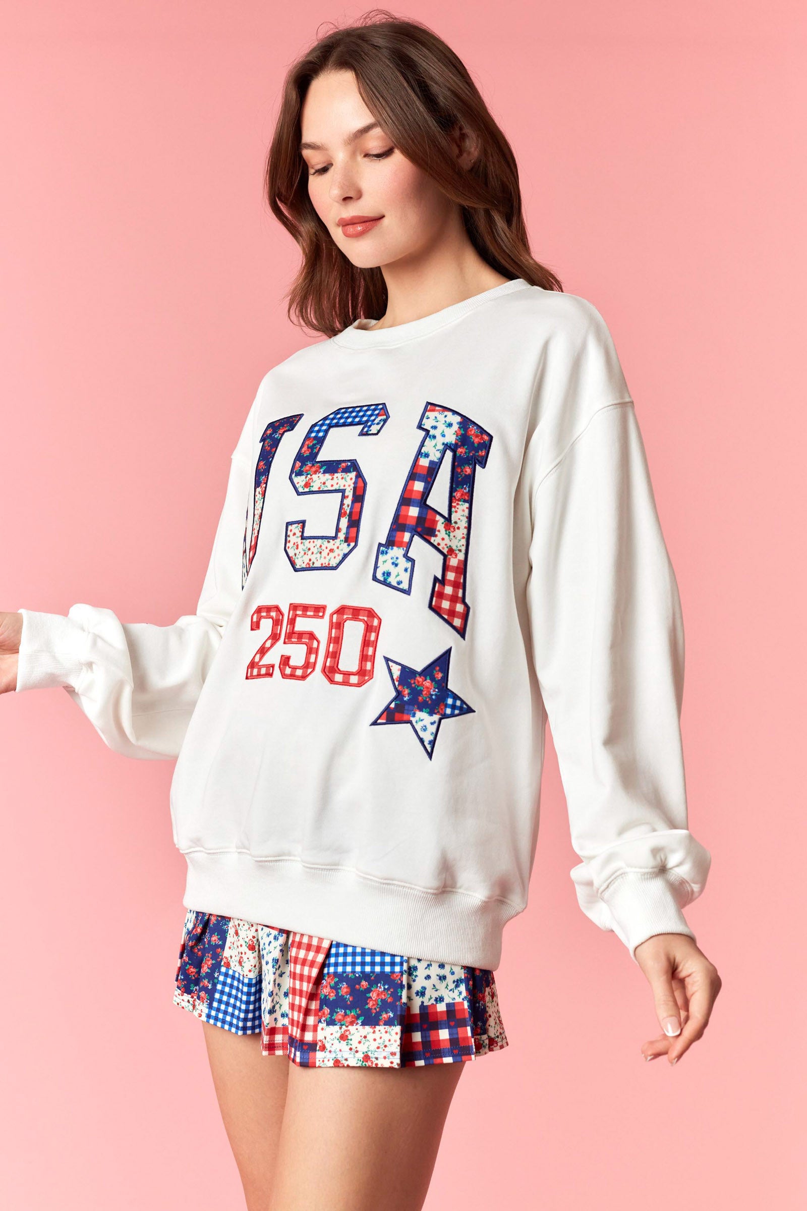 Peach Love USA 250 Patchwork Star French Terry Sweatshirt – Americana 2026-sweatshirt-Peach Love-Deja Nu Boutique, Women's Fashion Boutique in Lampasas, Texas