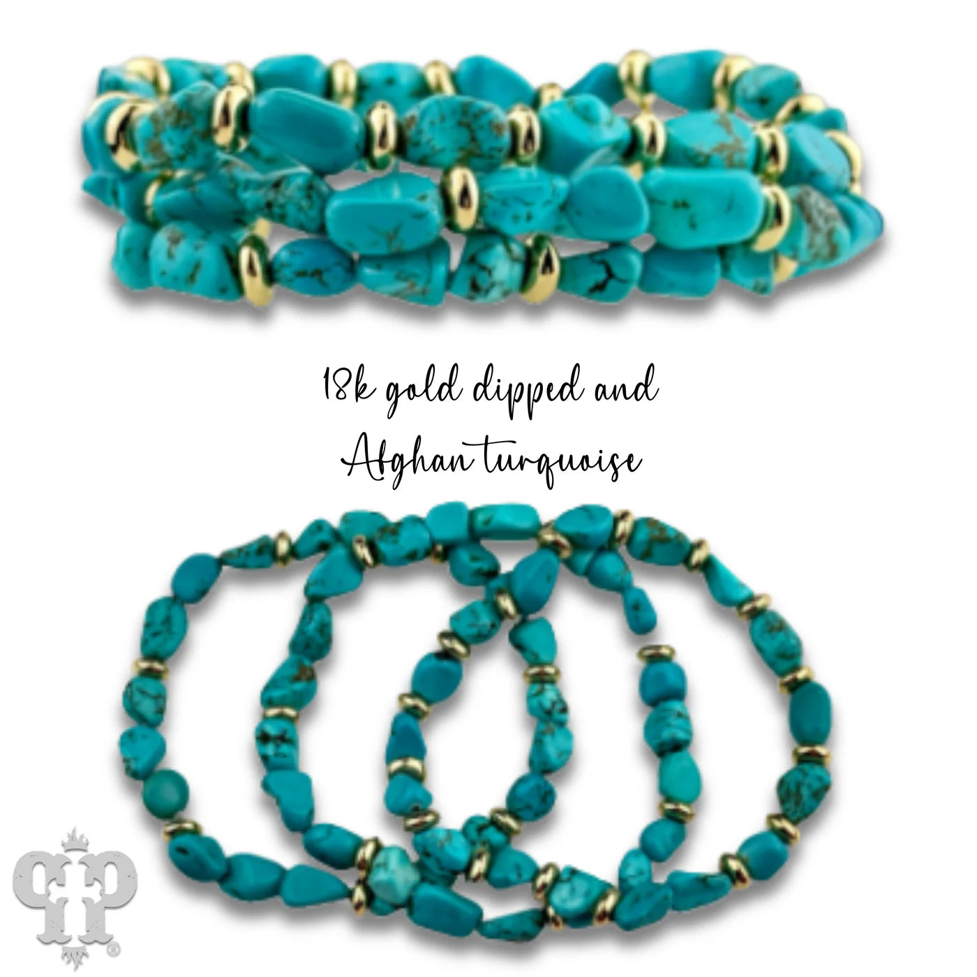 Pink Panache Afghan turquoise bracelet set featuring three stretch strands with 18K gold dipped bead accents